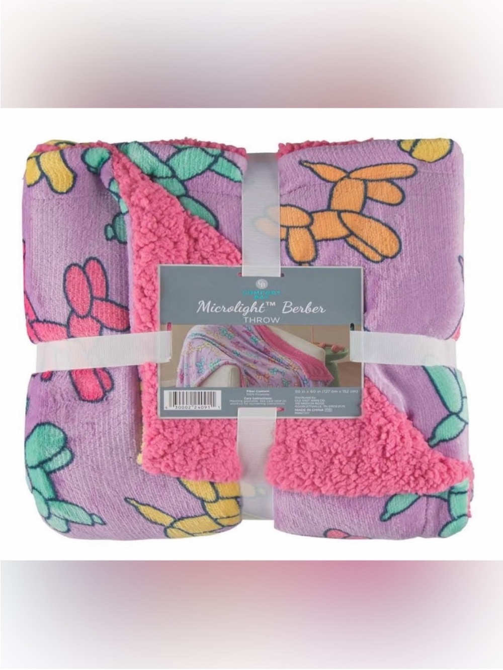 Microlight Berber Throw - Pink & Lavender Balloon Animal Print 50x60” NWOT